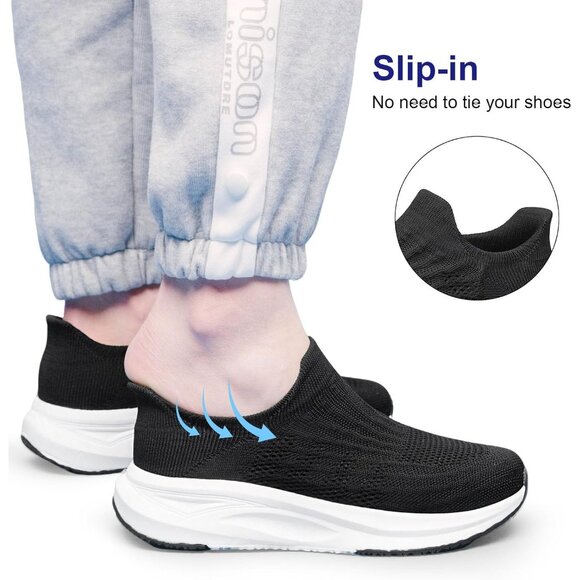 Women Black-White Slip On Walking Flat Lightweight Breathable Casual Sneakers - Picture 7 of 7